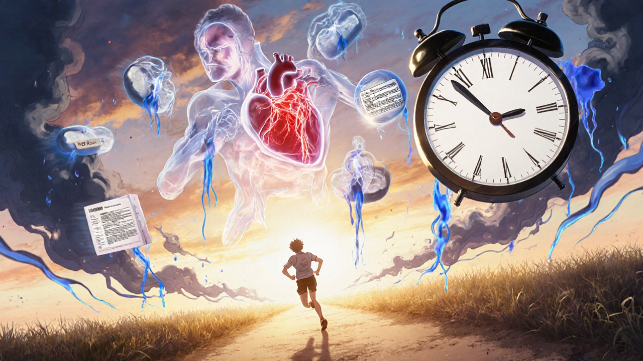 A runner collapsing as ghostly pills hover above, revealing blocked arteries inside his translucent body under golden light.