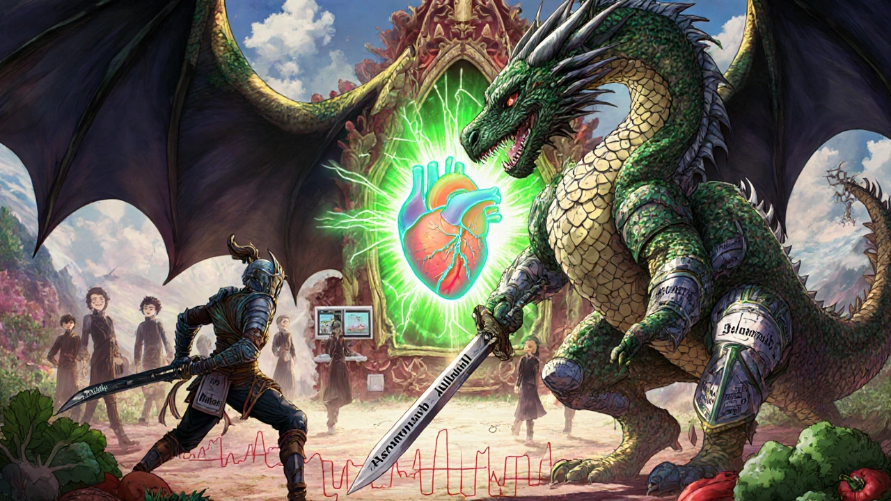 A warrior with Asciminib sword battles a dragon made of heart data, with a healthy heart portal glowing behind them.