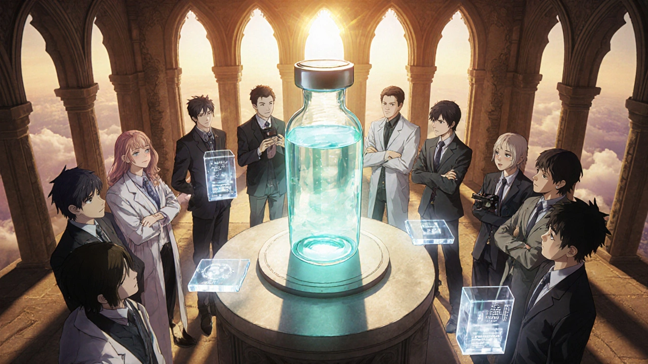 Anime council of doctors and reporters discussing a luminous long‑acting Atazanavir injection.
