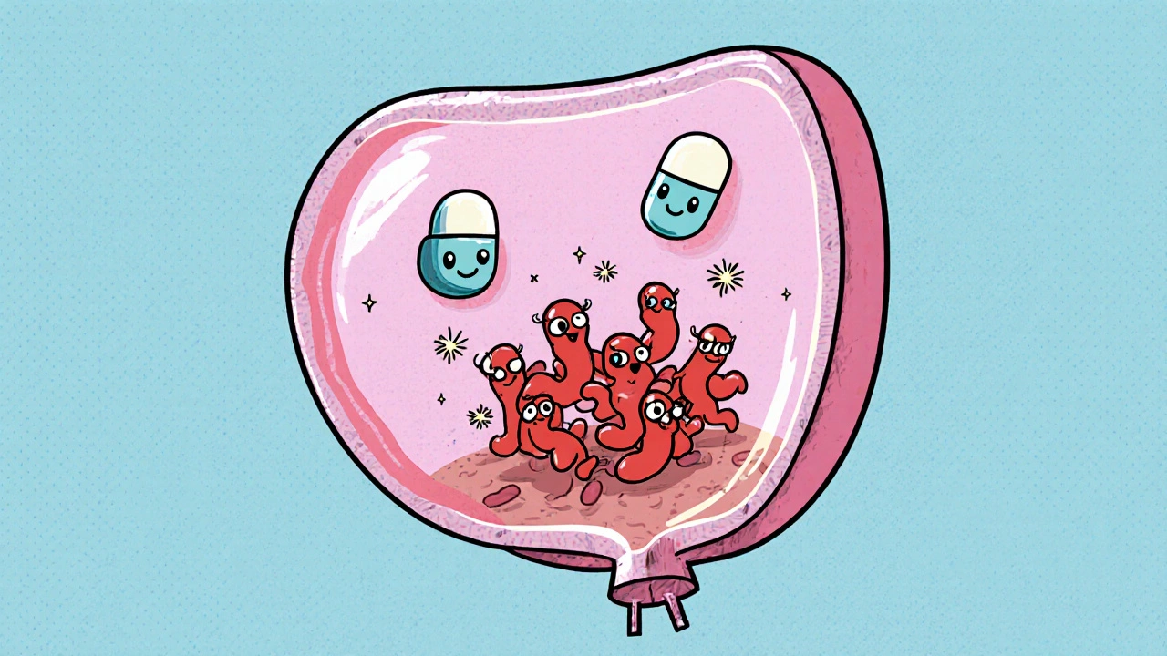 Cartoon bladder showing Nitrofurantoin molecules attacking bacteria.