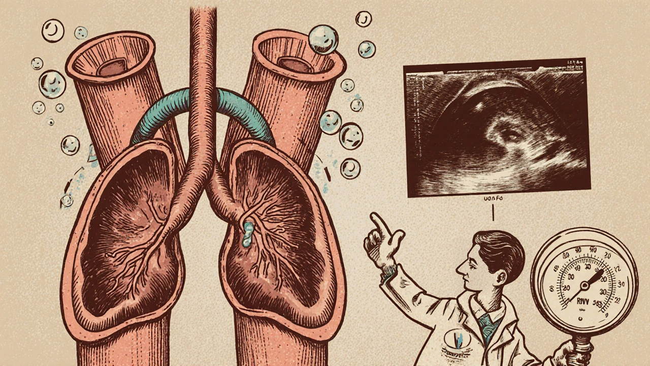Cartoon of narrowed pulmonary arteries, bulging right ventricle, and doctor with echo sketch.
