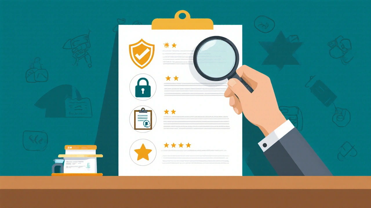Checklist icons for safe online pharmacy with magnifying glass.
