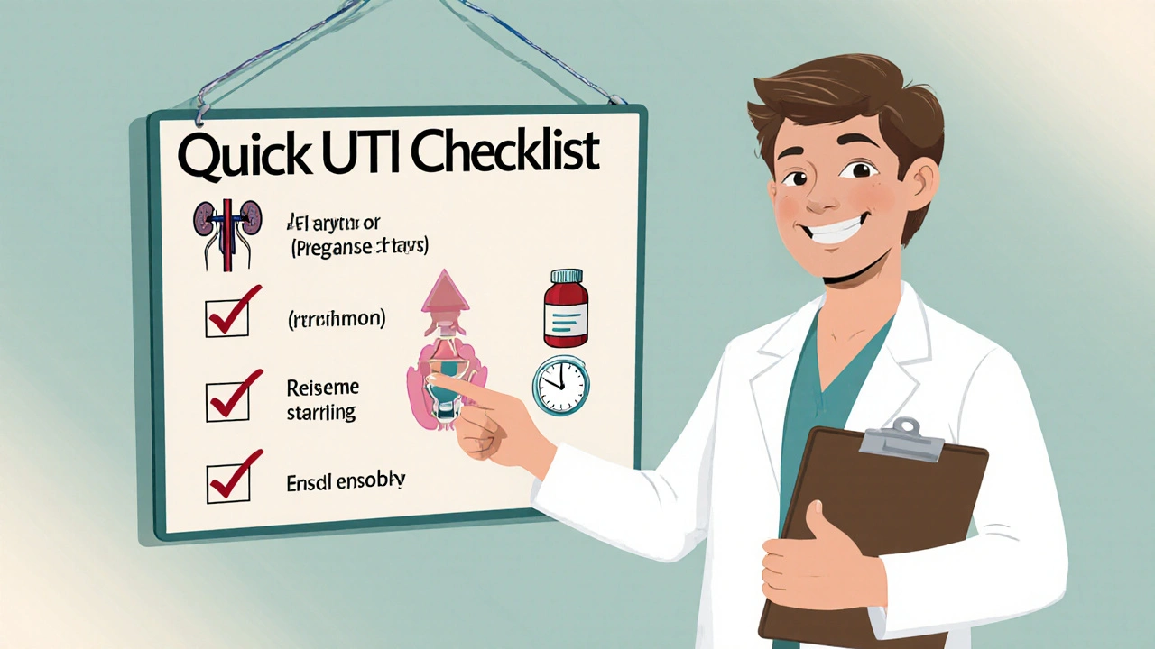 Clinician pointing at a vintage cartoon UTI checklist poster with icons.
