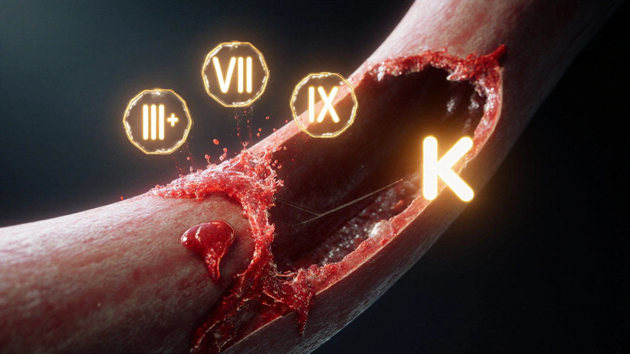 Close-up of a leaking artery with incomplete clot and dim clotting factor icons awaiting vitamin K.