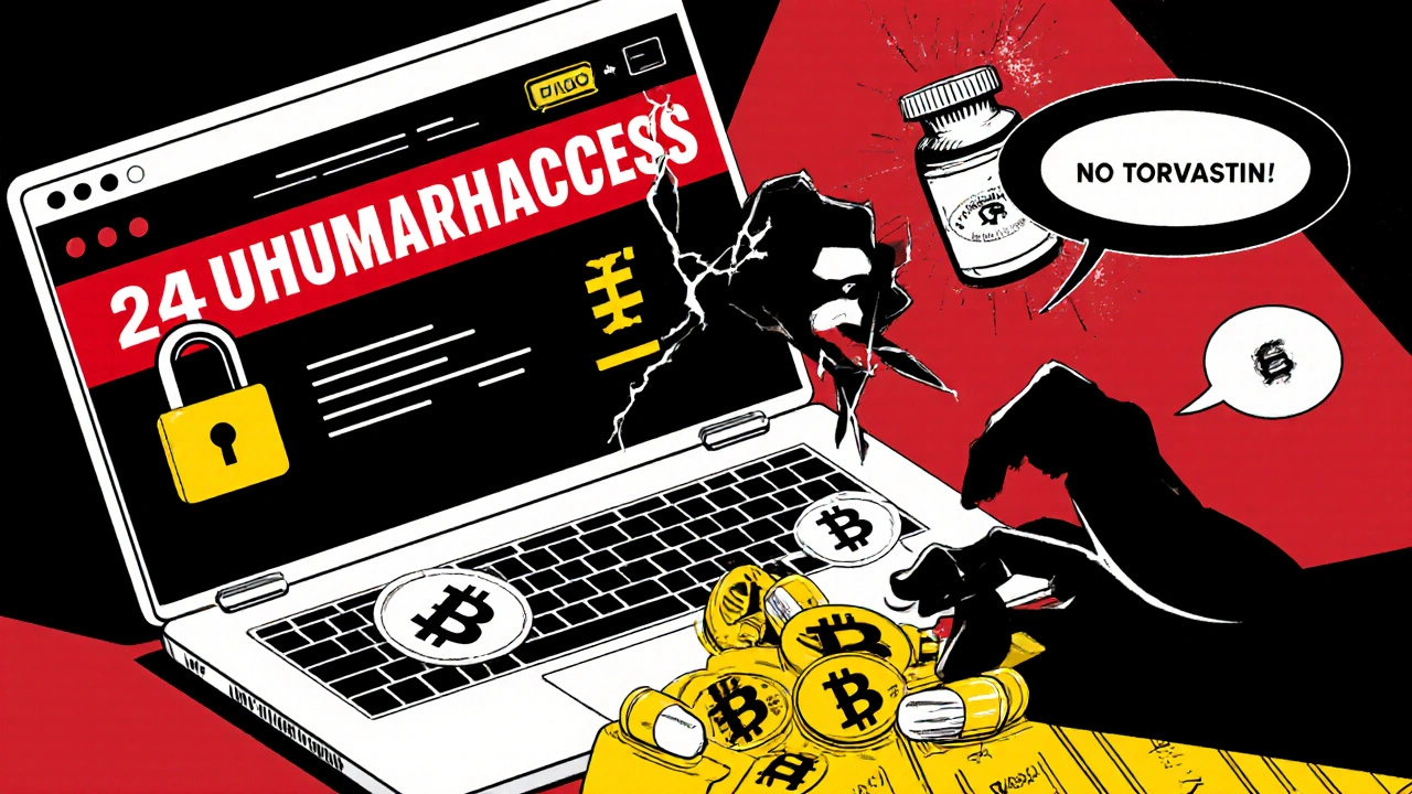 Comic‑style scene warning of fake online pharmacy scams with broken lock and misspelled pill bottles.