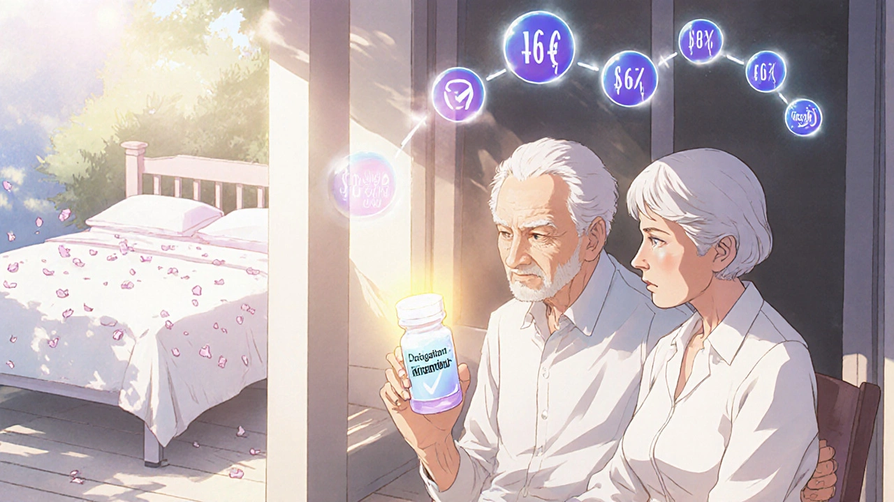 Elderly couple on a porch with floating cost-saving numbers as hospital shadows fade away.