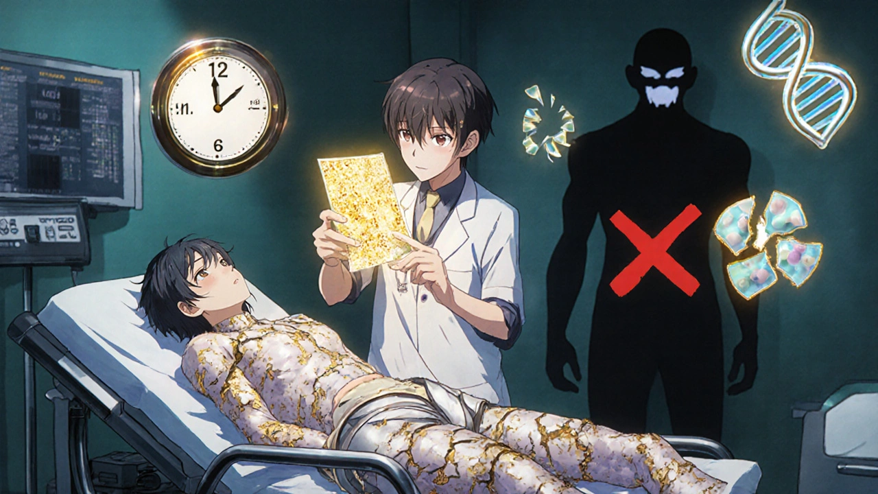 Emergency room scene with biopsy slide, peeling skin, and warning icons in anime style