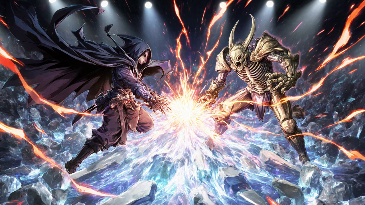 Fantasy battle showing hormone villains attacking bone cells in a crystal arena.