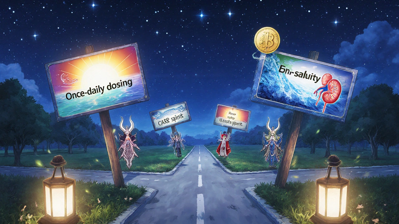 Fantasy crossroads with signposts for dosing, renal safety, and cost, guiding drug choice.