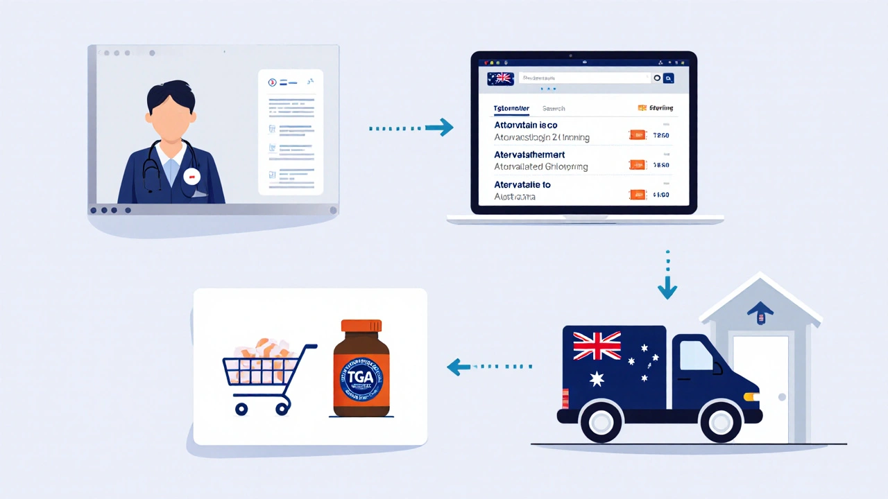 Flat‑design sequence showing telehealth, online ordering, cart, and delivery of generic Lipitor in Australia.