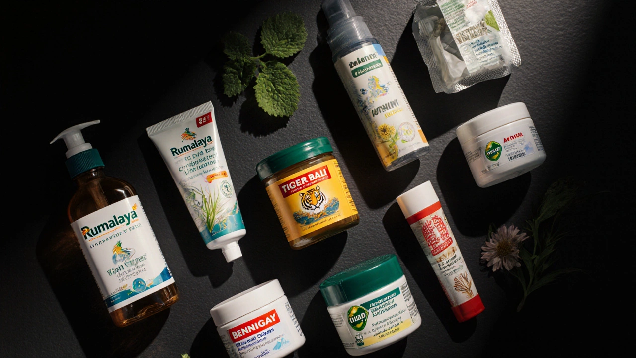 Flat‑lay of Rumalaya, Tiger Balm, Voltaren Gel, Arnica, Ben‑Gay, Deep Relief, and Salonpas patches with price tags.