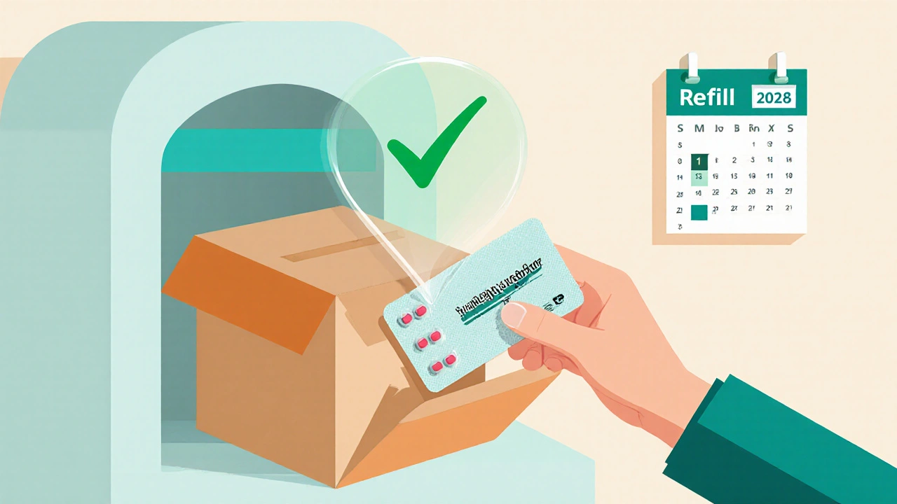 Hand inspecting delivered lisinopril blister pack with green checkmark overlay.