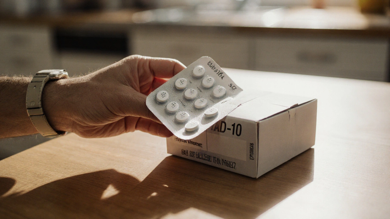 Hand opening a package and inspecting white generic Levitra tablets with imprint.