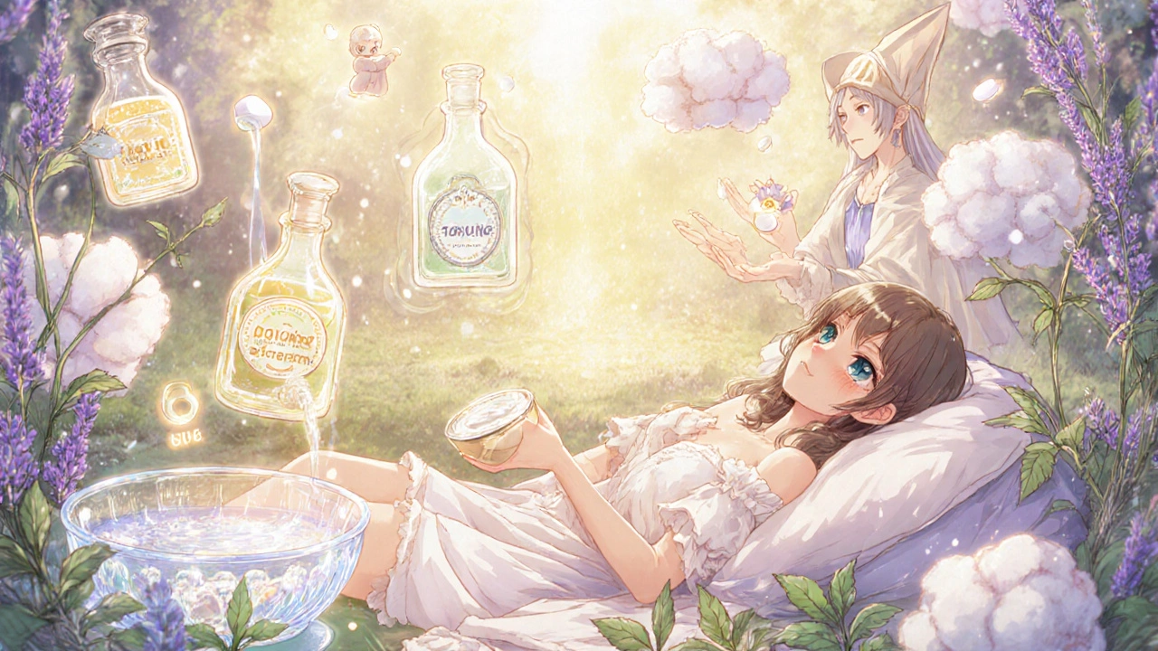 Healing garden where the heroine receives magical ointments, yogurt potion, and gentle light, appearing relieved.
