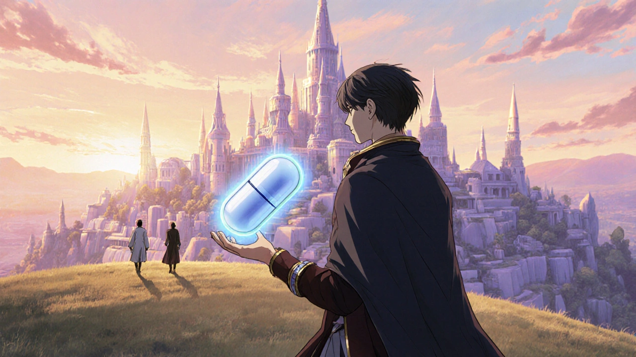 Hero on a hill with sunrise citadel, holding a luminescent pill.