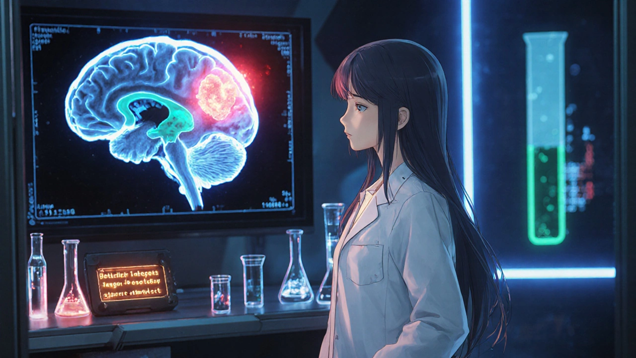 Holographic MRI scan of brain tumor with medical testing elements.