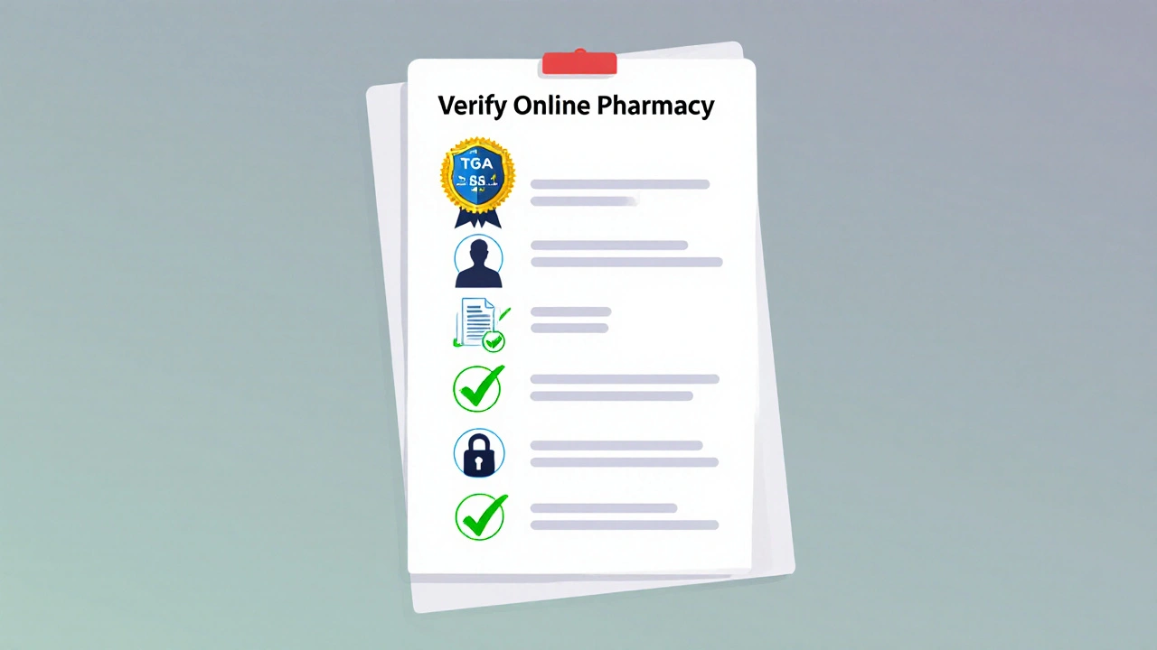 Illustrated checklist showing steps to verify a safe online pharmacy.
