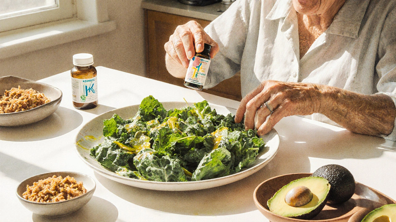 Kitchen scene with leafy greens, natto, avocado and a senior taking vitamin K supplement, glowing bones.