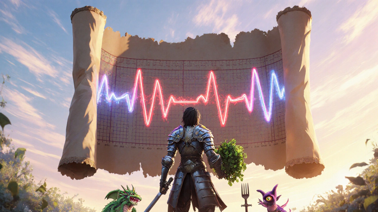 Patient in armor checking a floating magical ECG scroll while side‑effect monsters loom nearby.