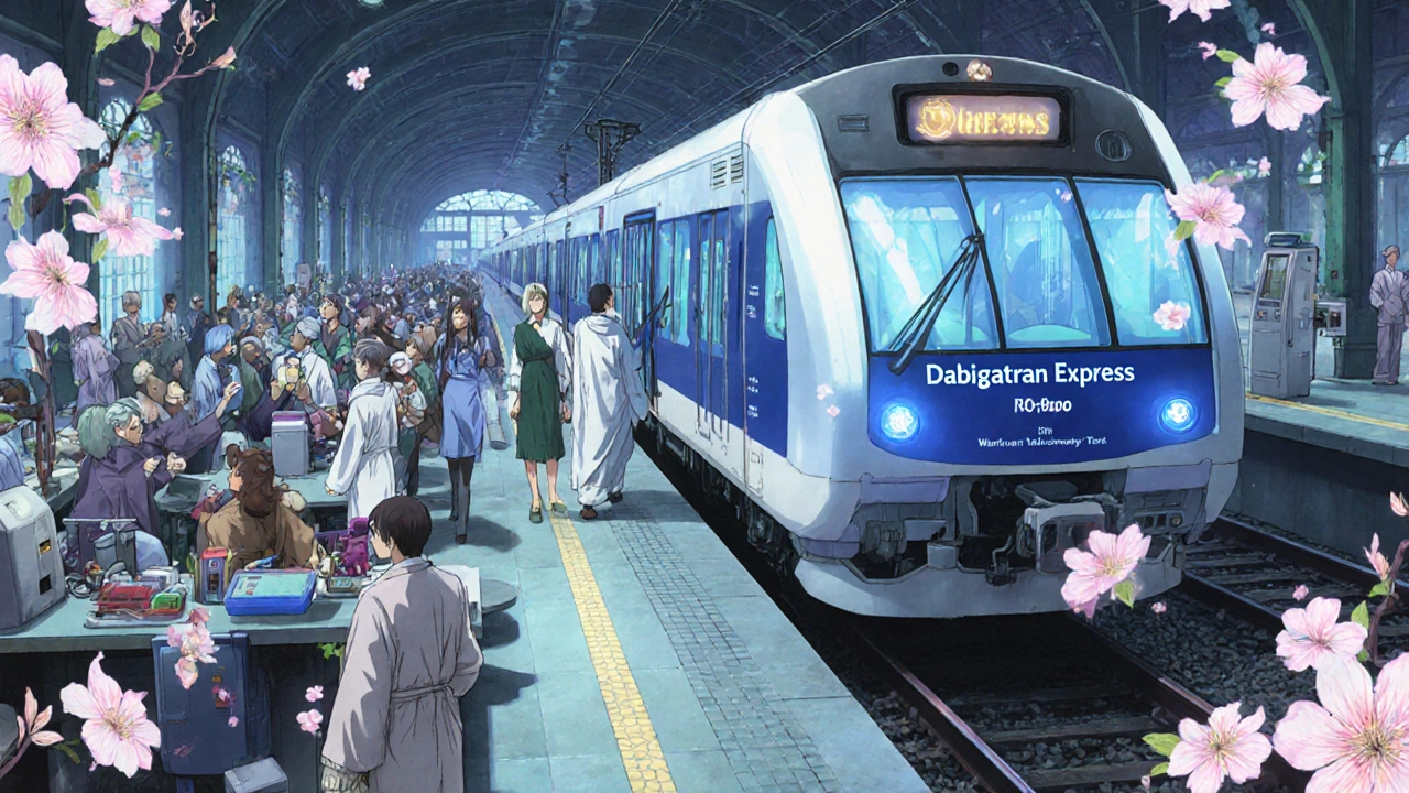 Patients boarding a glowing Dabigatran Express train while warfarin patients wait in chaos.