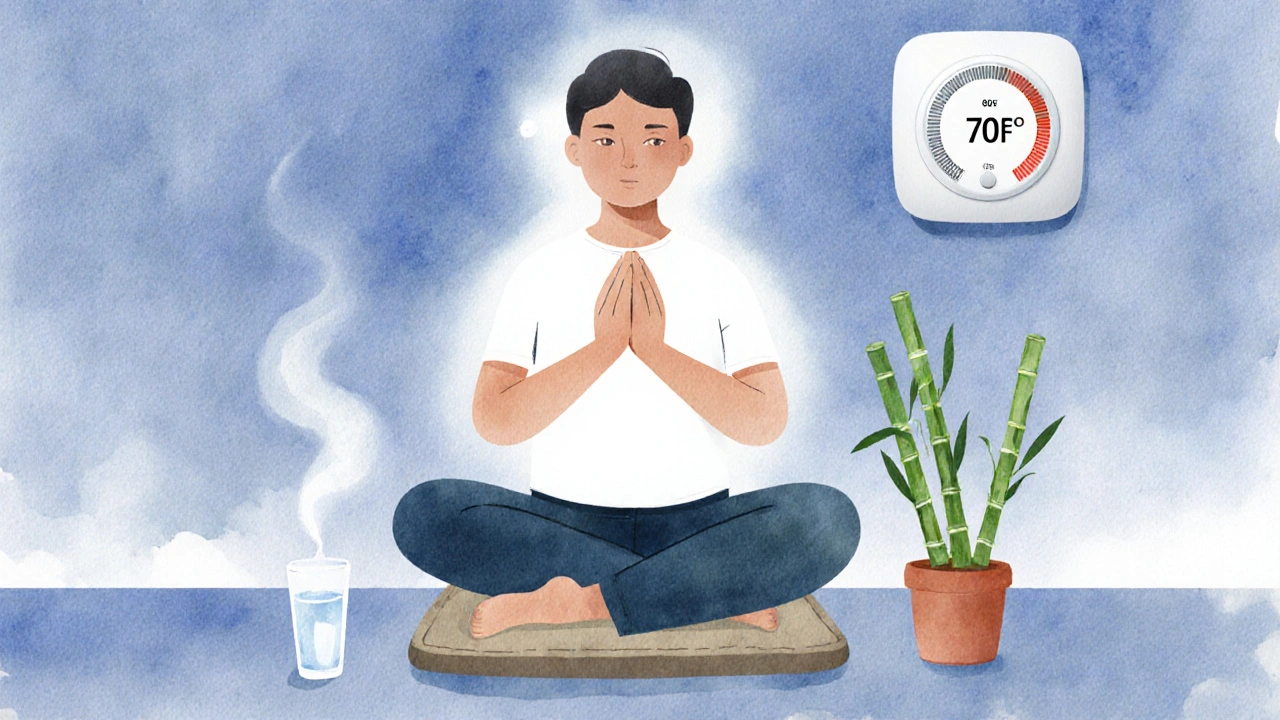 Person sitting in gratitude after routine, with water glass and plant, in a calm room.