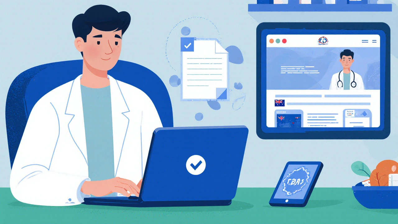 Person using laptop for telehealth video consult with digital prescription icon.