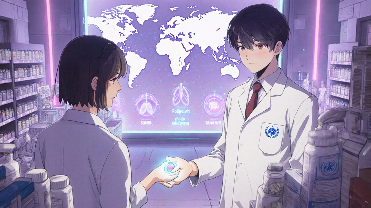 Pharmacist giving a glowing cefprozil tablet to a patient amid holographic maps of infection sites.