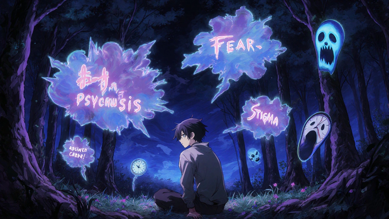 Protagonist surrounded by dark dreamscape with floating words of fear and stigma, anime style.