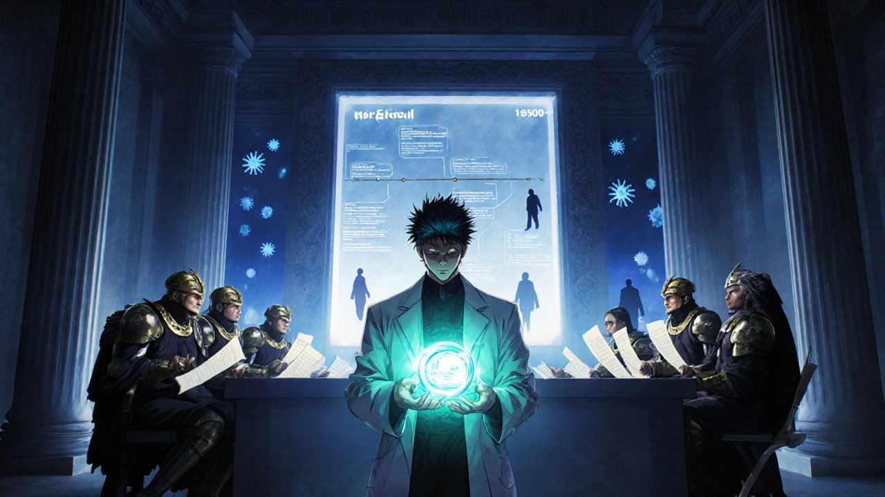 Researcher presenting a radiant cefprozil tablet before stern judges in a dramatic hall, representing FDA approval.