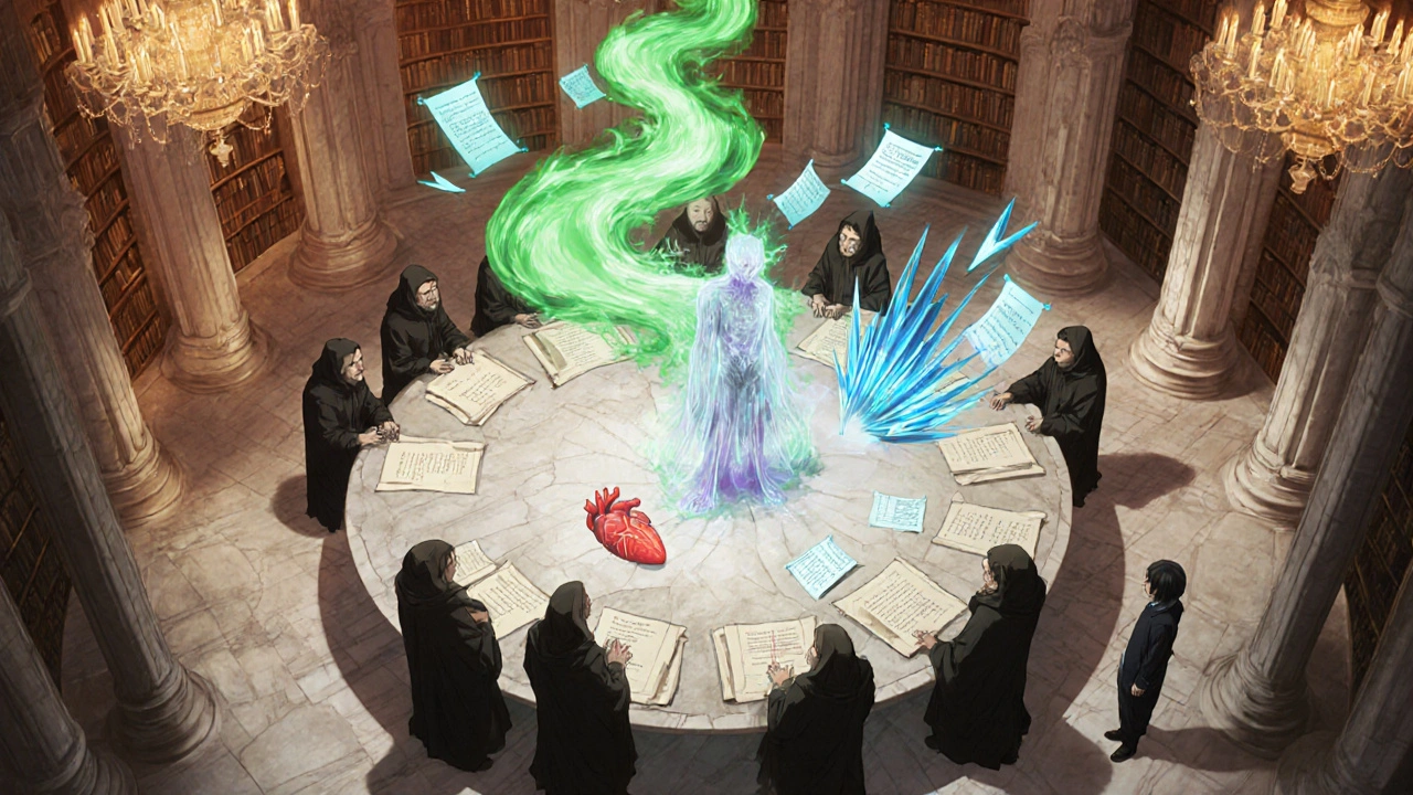 Scholars gathered around floating data with a spectral side‑effect figure.