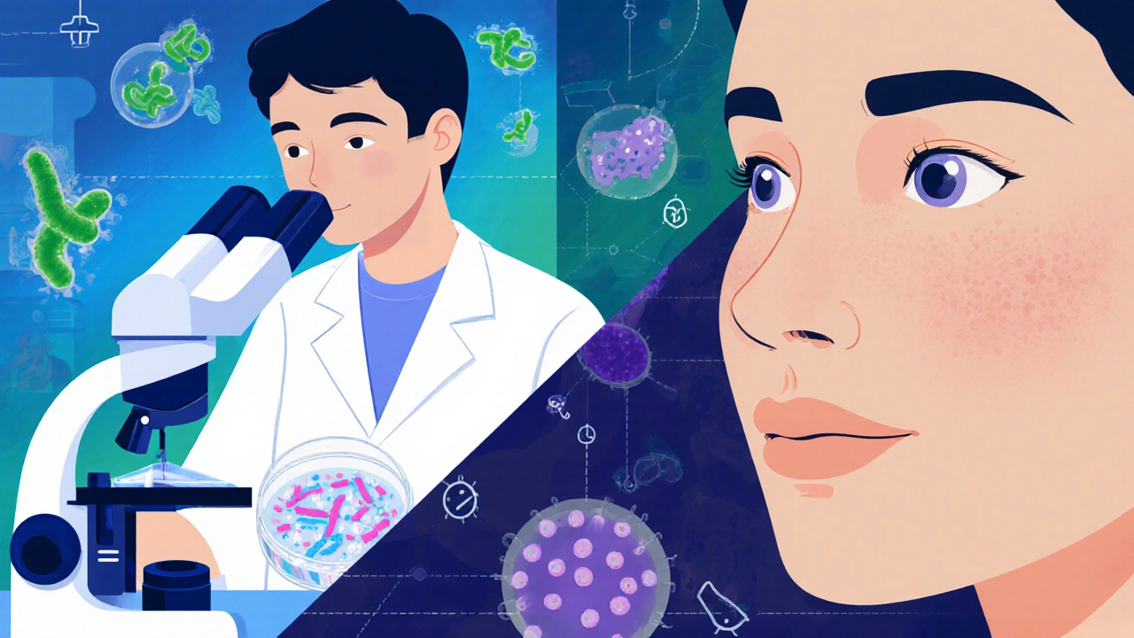 Split illustration of a researcher studying bacteria and a clear‑skinned face.