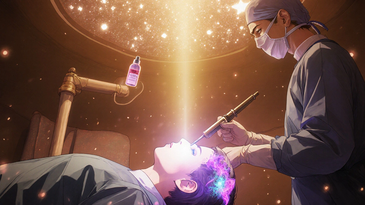 Surgeon performing endoscopic brain surgery with glowing tools.