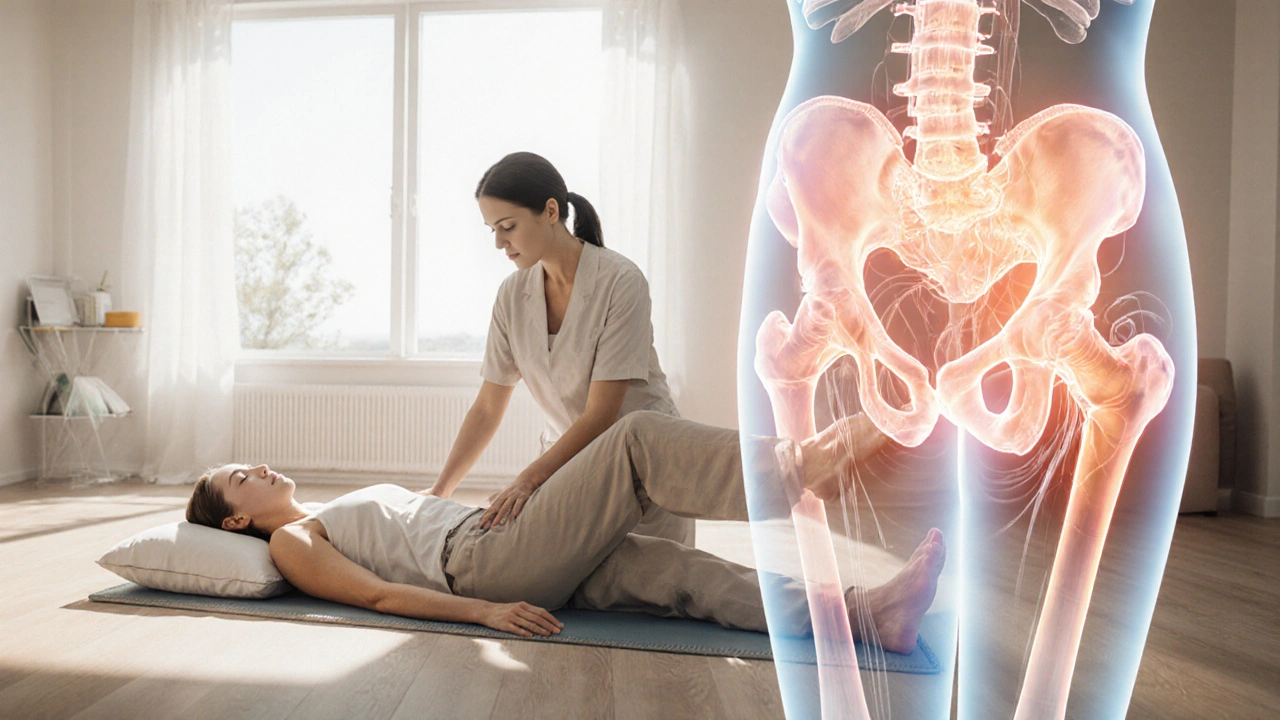 Therapist guiding patient in pelvic floor exercises with glowing muscle overlay.