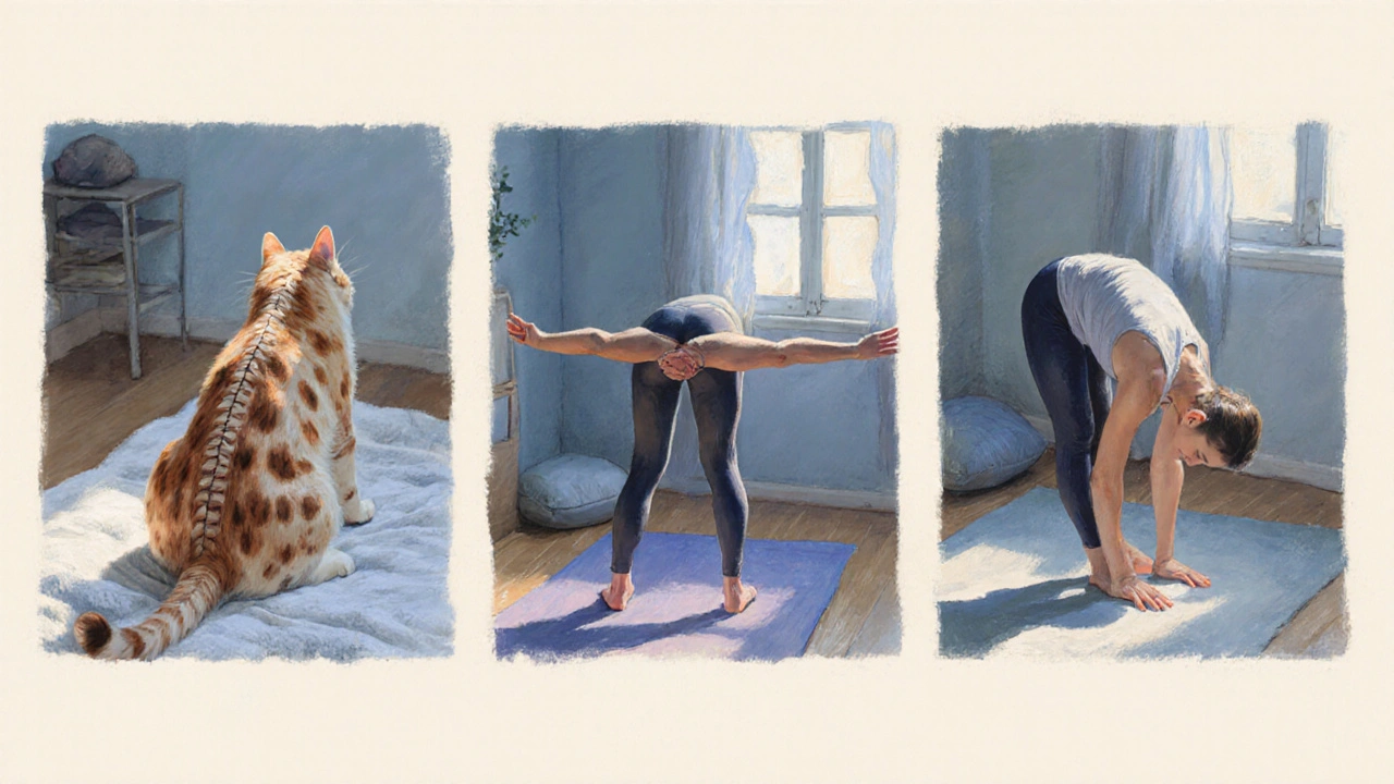 Three yoga poses—Cat‑Cow, Bridge, Forward Fold—shown gently with mild skin patches.