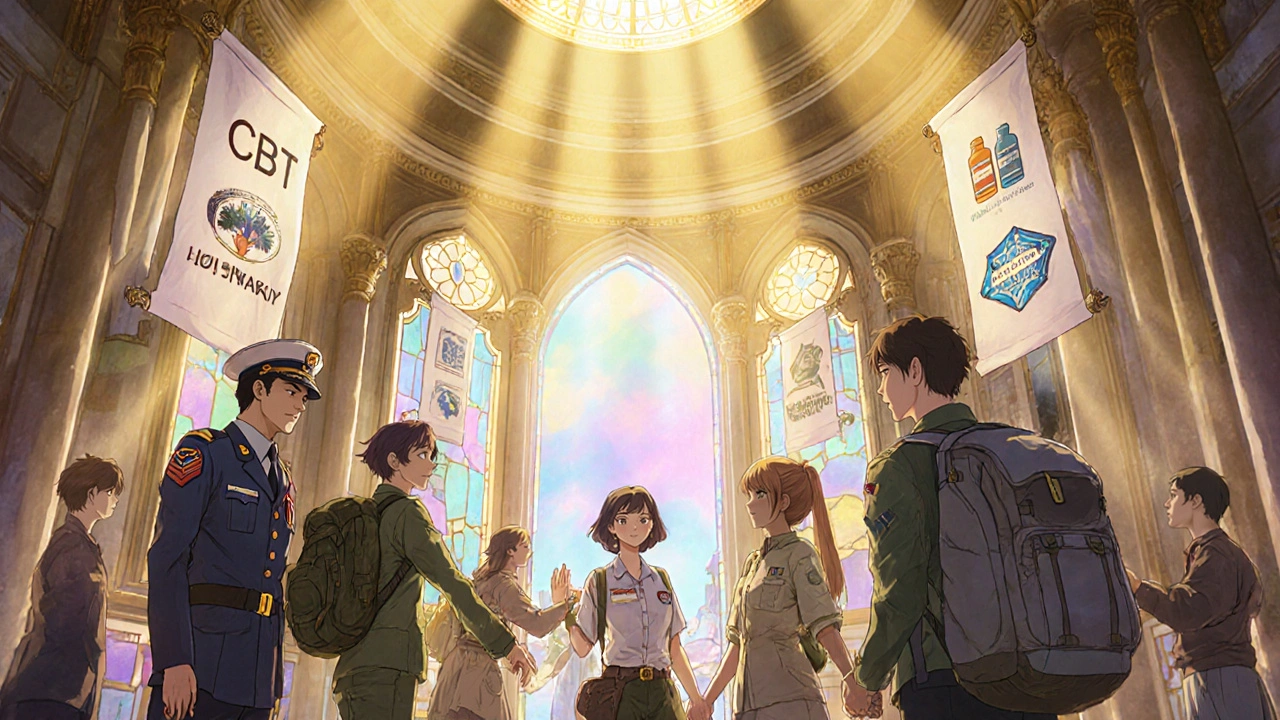 Veteran, aid worker, and traveler unite in a bright shrine, with floating symbols of support and healing.