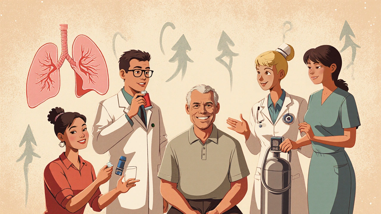 Vintage cartoon of healthcare team helping COPD patient with inhaler, statin, rehab, and O₂.