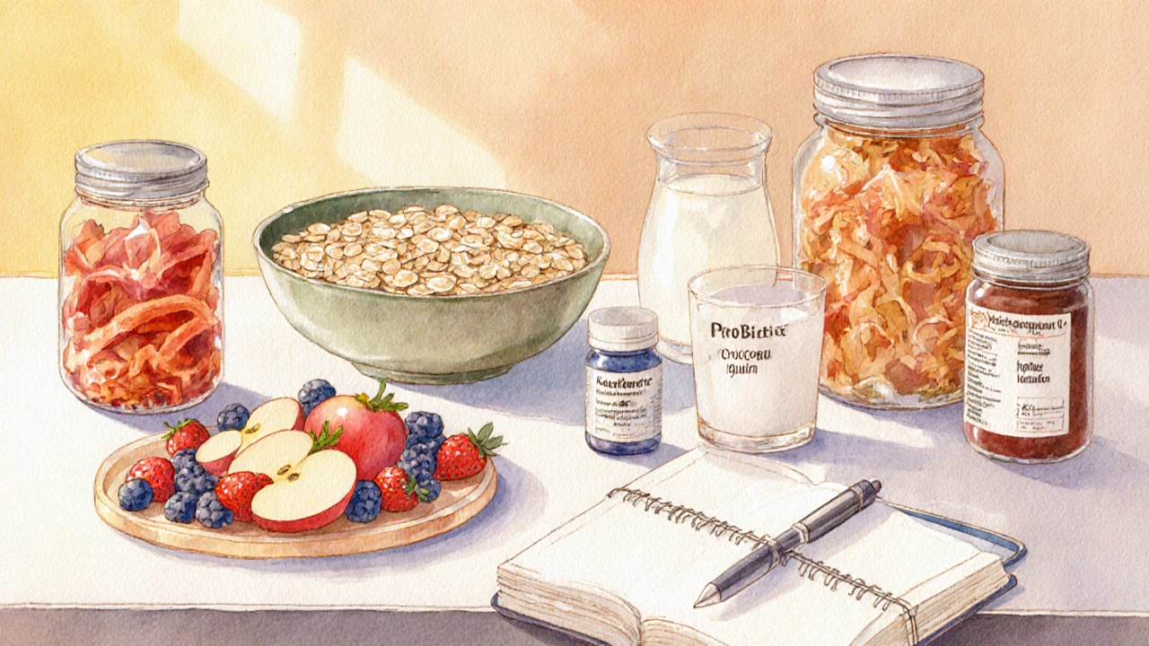 Watercolor kitchen scene with fiber foods, fermented items, probiotics, and a journal.