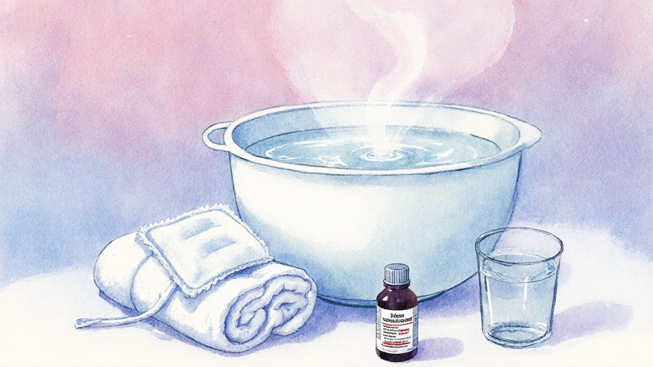 Watercolor sitz bath with steam, cold pack, lidocaine tube, and psyllium powder.