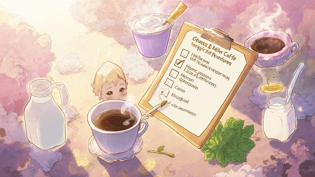 Wise mage in a fantasy clearing offering a checklist with coffee and calcium foods.