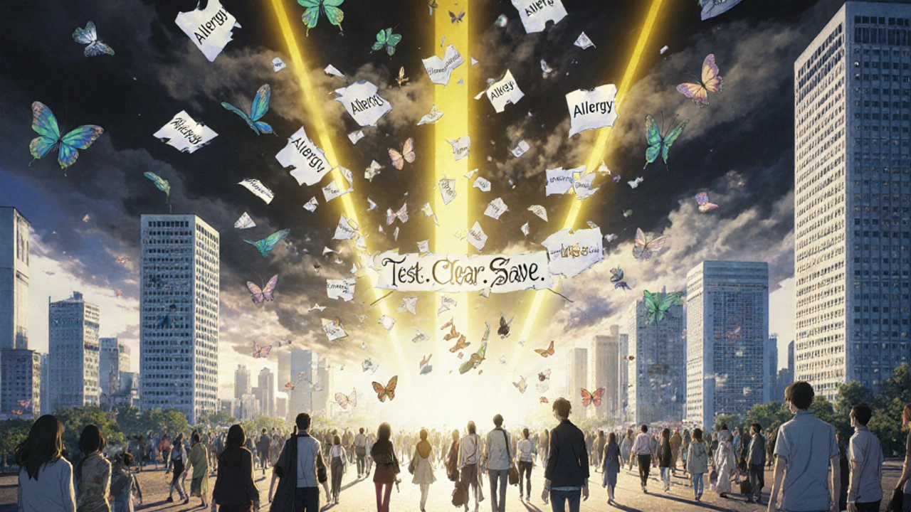 A city bathed in penicillin light, with antibiotic-resistant superbugs dissolving as shattered allergy labels turn into butterflies.