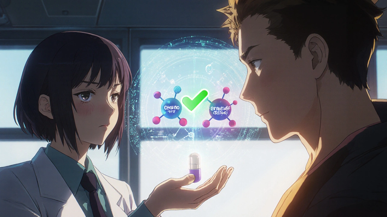 A doctor and patient surrounded by a hologram showing identical drug molecules, with the patient’s aura shifting from dark to warm light.