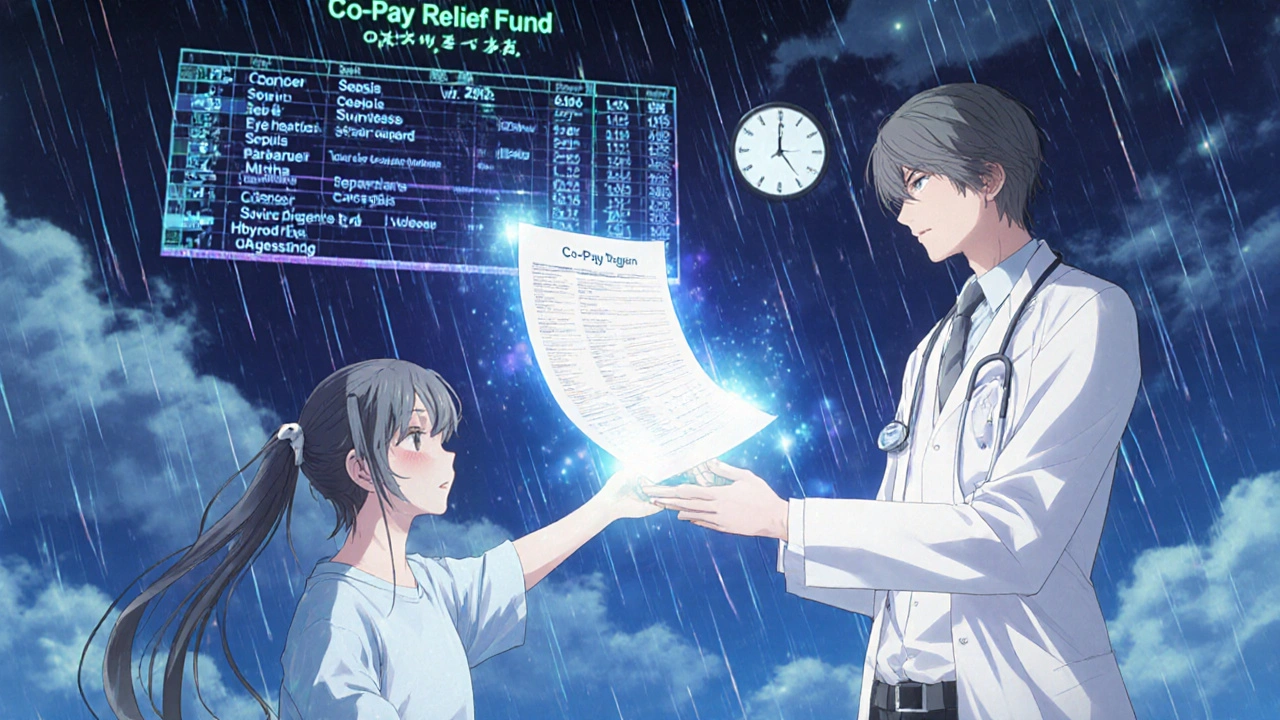 A doctor handing a glowing form to a patient as a celestial ledger displays disease names in the sky above.