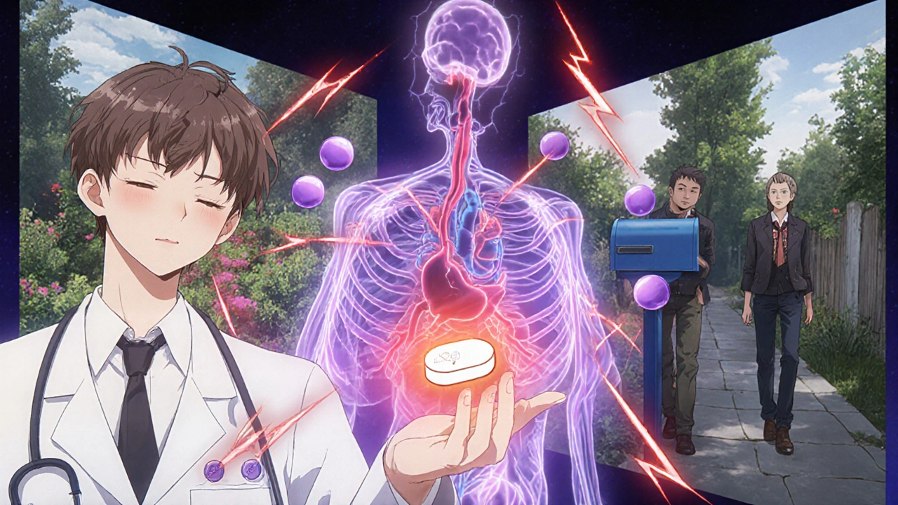 A doctor holding a tablet that neutralizes red nerve lightning over a human nervous system diagram.