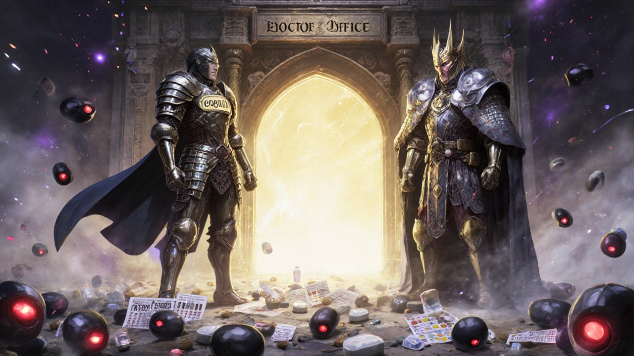A fantasy battle scene with a CoQ10 warrior aiding a hypertensive king against dark medication pills, doctor&#039;s portal glowing in background.