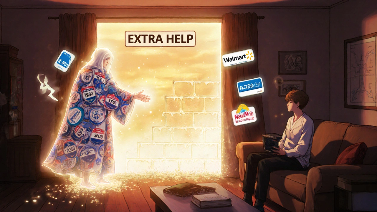 A glowing portal to Extra Help opens in a living room as financial barriers crumble.