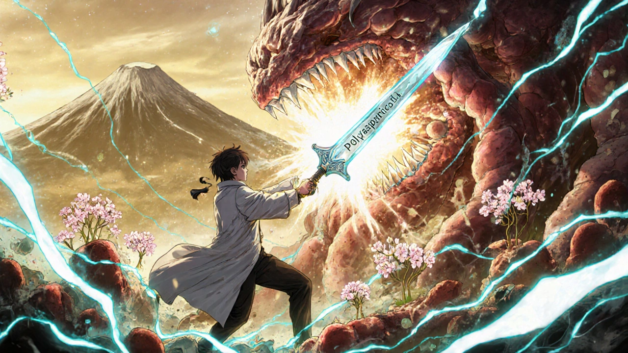 A hero with a crystalline sword defeats a toxic blob, while kidney cells regenerate like blooming flowers.