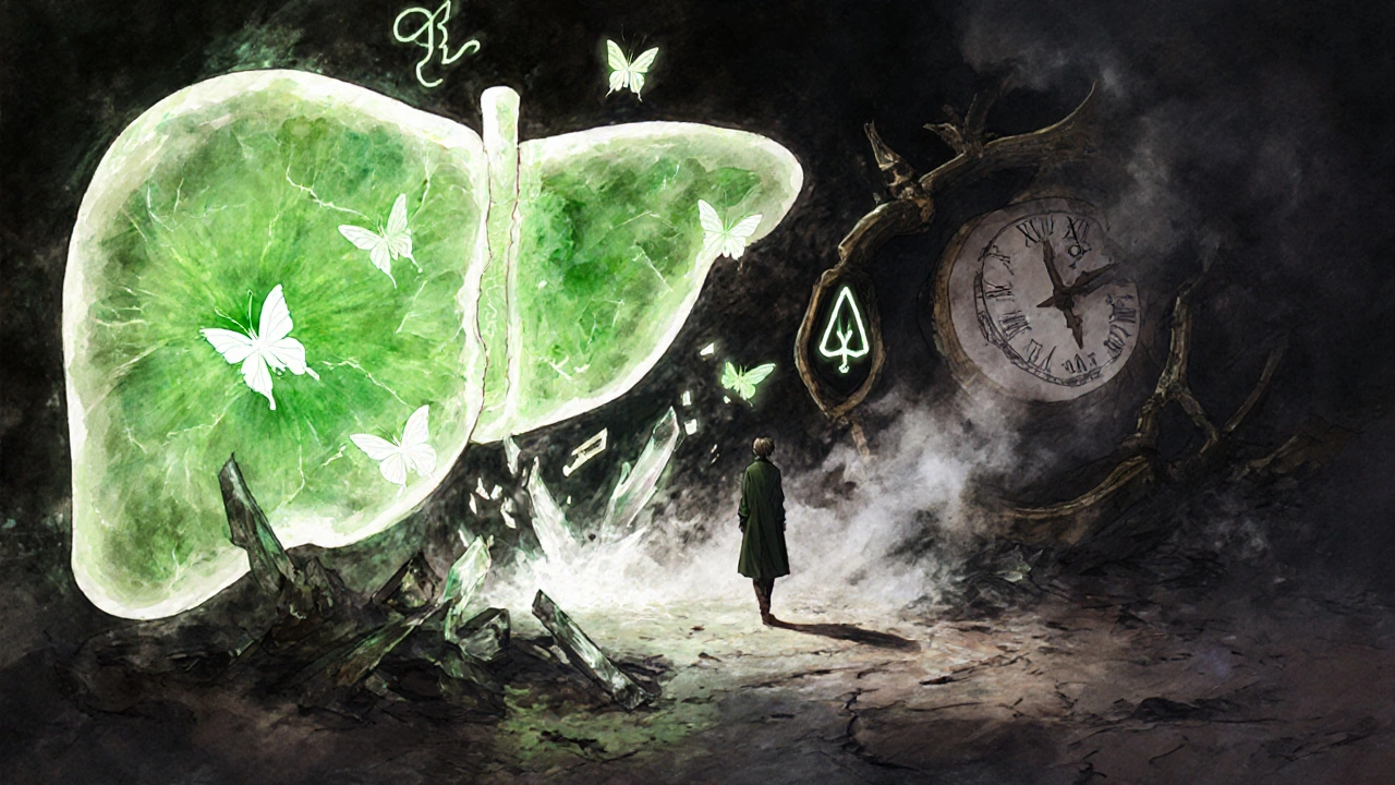 A mystical liver-shaped portal with light on one side and smoke on the other, a figure choosing between them.