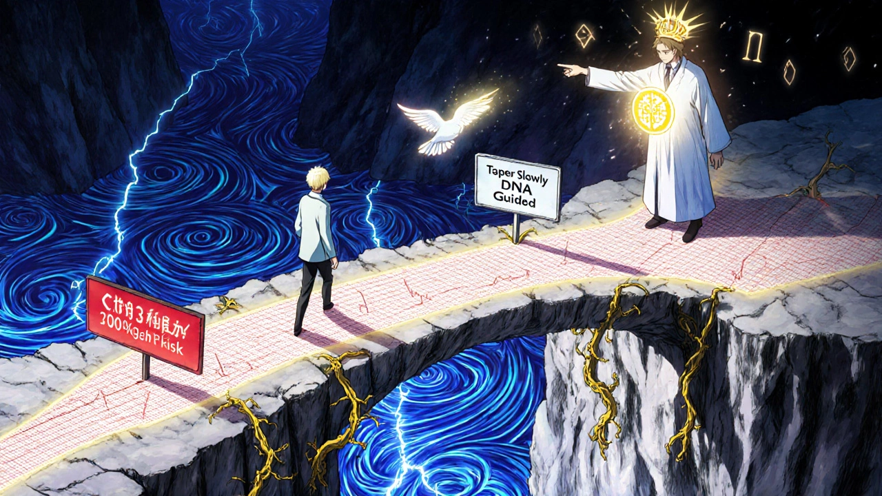 A patient chooses a safe tapering path over an ECG chasm, guided by a celestial mentor and glowing nitric oxide dove.