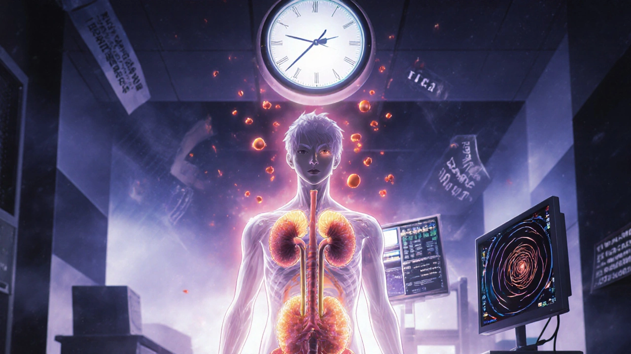 A patient’s transparent body shows kidneys under attack by drug particles, with a clock marking safe dosing time.