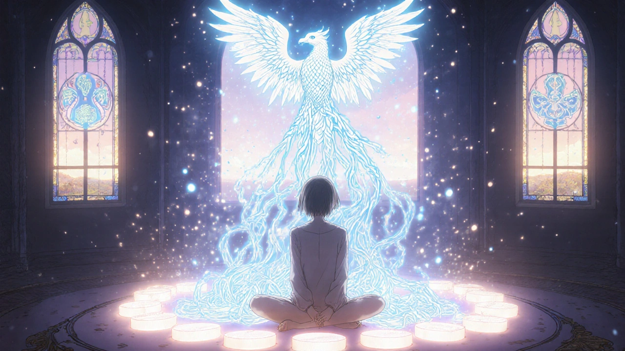 A patient undergoing aspirin desensitization, with airways transforming from blocked to open through glowing light.